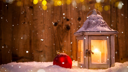 Wall Mural - Christmas Still Life with Old Wooden Background and Snowflakes Falling