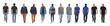 line of the same men walking from the front and back on white background