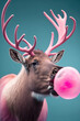 © Uncanny Valley - Creative pop art Illustration of a reindeer with pink antlers making bubble gum balloons. Modern fun creative concept. Blue background. Generated AI.