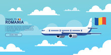Travel To Romania Poster With Flying Plane And National Flag. Banner For Travel Agency. Vector Illustration.