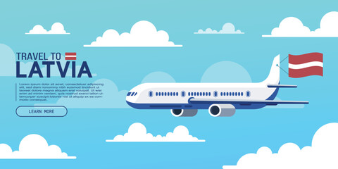 Poster - Travel to Latvia poster with flying plane and national flag. Banner for travel agency. Vector illustration.