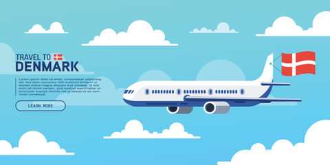 Poster - Travel to Denmark poster with flying plane and national flag. Banner for travel agency. Vector illustration.