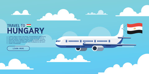 Poster - Travel to Hungary poster with flying plane and national flag. Banner for travel agency. Vector illustration.