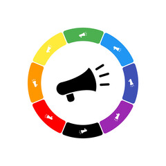 Poster - A large black megaphone symbol in the center, surrounded by eight white symbols on a colored background. Background of seven rainbow colors and black. Vector illustration on white background