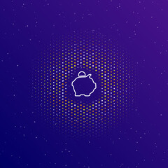 Poster - A large white contour piggy bank symbol in the center, surrounded by small dots. Dots of different colors in the shape of a ball. Vector illustration on dark blue gradient background with stars