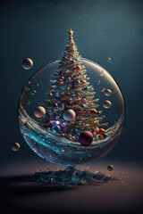 Christmas decorated tree in which the whole galaxy is, cyber futuristic decoration bubble floating in space.  New Year 3d Illustration. Shiny glitter ornaments on black background. Generated AI.