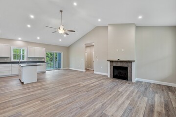 Canvas Print - Spacious modern room with beautiful furniture and illuminated lights