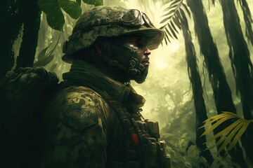 A soldier in uniform standing in a green jungle, side view