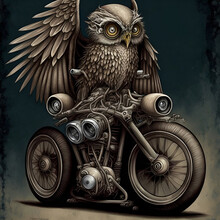 Cybernetic Owl Connected To Vintage Motorcycle. [Vector Illustration, Digital Art, Sci-Fi Fantasy Horror Background, Graphic Novel, Postcard, T-Shirt, Or Product Image]