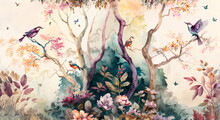 Digital Watercolor Painting, High Quality, Of A Forest Landscape With Birds, Butterflies And Trees, In  Colors  Consistent Style -2