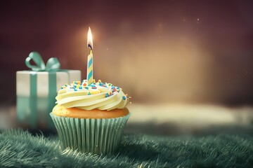 birthday cupcake with candles and gift box generative ai