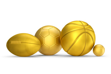 Wall Mural - Set of gold ball like basketball, american football and golf isolated on white