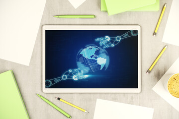 Aufkleber - Creative concept of robotics technology with globe sketch on modern digital tablet screen. Robot development and automation concept. Top view. 3D Rendering