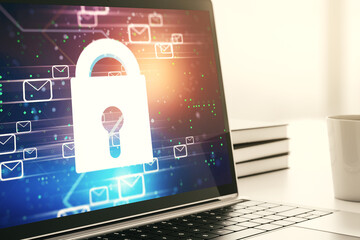 Poster - Creative light lock illustration with postal envelopes on modern computer monitor, cyber security and email protection concept. 3D Rendering