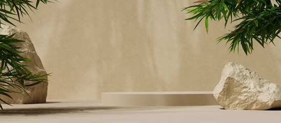 Wall Mural - Beige rounded podium product presentation, minimal scene with tropical leaves and stones for product display, object placement mockup 3d rendering.