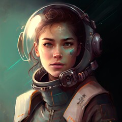 Wall Mural - A fictional person, not based on a real person. Portrait of an fictional astronaut in a spacesuit. High-tech astronaut from the future. The concept of space travel. Generative AI