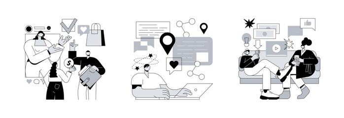 Poster - Online communication abstract concept vector illustration set. Virtual influencer, FOMO, millennials generation, digital native and social media, brand avatar, fear of missing out abstract metaphor.