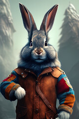 Wall Mural -  highly detailed matte painting stylized three quarters portrait of an anthropomorphic rugged happy rabbit