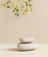 Wall Mural - Wellness spa product display background, leaves and pebbles stack for natural cosmetic packaging design mockup. 3d rendering scene natural products presentation