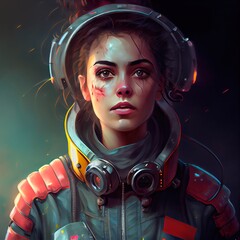 Wall Mural - A fictional person, not based on a real person. Portrait of an fictional astronaut in a spacesuit. High-tech astronaut from the future. The concept of space travel. Generative AI