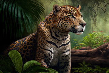 Wall Mural - Wild jaguar in its natural environment, the South American rainforest Generative AI