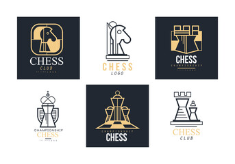 Canvas Print - Chess Club Logo Design with Pieces on Game Board Vector Set