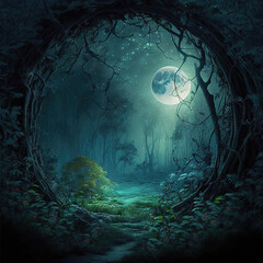 Wall Mural - Fairy-tale night forest with bizarre trees in the form of an arch, moonlight, magical, mysterious forest. AI