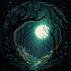 Wall Mural - Fairy-tale night forest with bizarre trees in the form of an arch, moonlight, magical, mysterious forest. AI