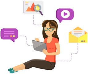 Poster - Distance working, freelance and internet surfing. IT manager, designer, developer brainstorming, chatting. Working with digital mind map concept. Woman with tablet and internet, video, email icons