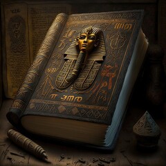 Ancient Egyptian book of the dead. Fantasy book, black book with mummies. AI