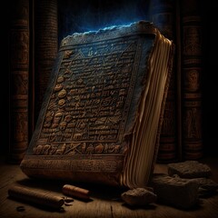 Ancient Egyptian book of the dead. Fantasy book, black book with mummies. AI