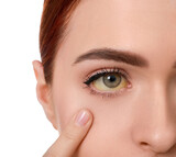Fototapeta Panele - Woman with yellow eyes on white background, closeup. Symptom of hepatitis