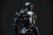 Black robot android cyborg isolated on black background. Futuristic character design, back view.