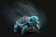 Blue green baby turtle isolated on black background with water splash