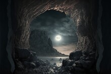 View From Seaside Cave On Moonlit Night