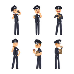 Canvas Print - Male Police Officers in Uniform Eating Donuts and Drinking Coffee Vector Set