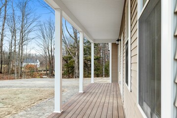 Sticker - Porch of a contemporary and modern ranch-style house in the countryside with brown decking board