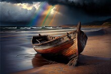 An Old Wrecked Fishing Boat Rides On A Deserted Beach. An Abandoned Wooden Boat. Generative AI