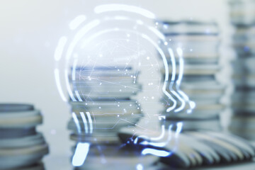 Aufkleber - Abstract virtual artificial Intelligence interface with human head hologram on stacks of coins background. Multiexposure