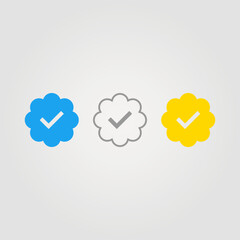 Set of icons of a verified user of social networks. The blue and gold signs are filled in, the gray is outlined. The checkmark confirms your verified profile. Vector illustration.