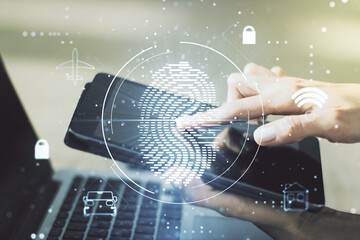 Poster - Double exposure of abstract creative fingerprint hologram with finger clicks on a digital tablet on background, protection of personal information concept