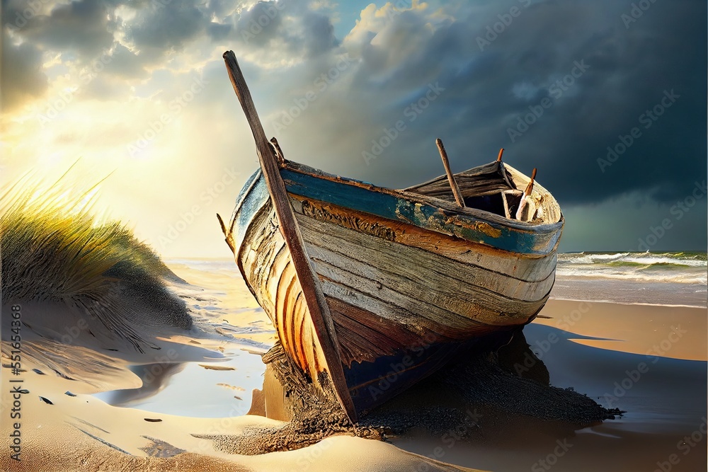 An old wrecked fishing boat rides on a deserted beach. An abandoned ...