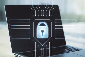 Poster - Creative idea concept with lock symbol and microcircuit illustration on modern laptop background. Protection and firewall concept. Multiexposure
