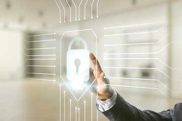 Poster - Double exposure of male hand presses on virtual creative lock hologram with chip on blurred office background. Information security concept