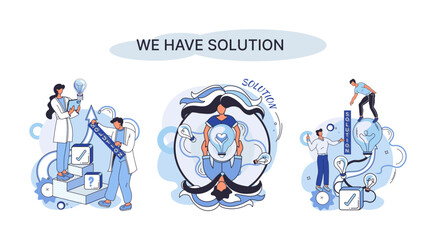 Wall Mural - Reaching solution as result of work of business team. Startup employees. Goal thinking. Cooperation construction by agency create team. Creative successful management metaphor, decision and teamwork