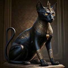 Ancient Egyptian black cat with golden ornaments. Statuette in black interior, podium. Ancient Egyptian goddess Bastet. AI