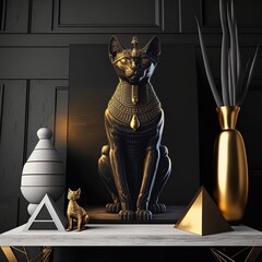 Ancient Egyptian black cat with golden ornaments. Statuette in black interior, podium. Ancient Egyptian goddess Bastet. AI