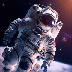 Wall Mural - A fictional person, not based on a real person. Portrait of an fictional astronaut in a spacesuit. High-tech astronaut from the future. The concept of space travel. Generative AI