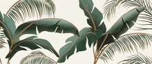 Abstract Luxury Light Art Background With Green And Gold Palm Leaves. Botanical Banner With Tropical Plants For Decor, Print, Textile, Interior Design, Wallpaper, Packaging.