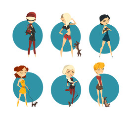 Sticker - Young Female Walking with Dog Pet Vector Set